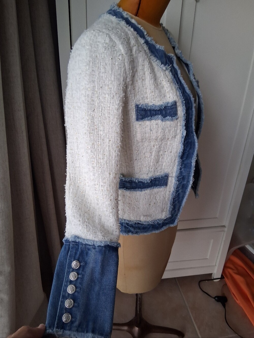 Nanette Lepore White Tweed Jacket with Distressed Blue Denim S EUC